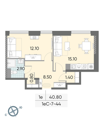 Продажа 1-комнатной квартиры 40,8 м², 44/58 этаж