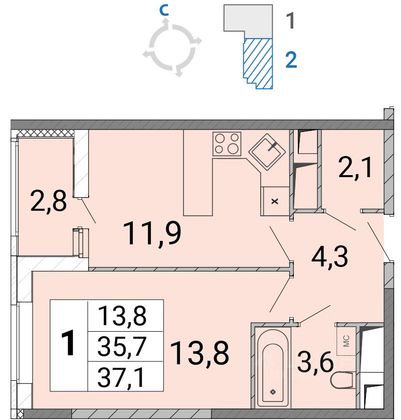 Продажа 1-комнатной квартиры 37,1 м², 16/17 этаж