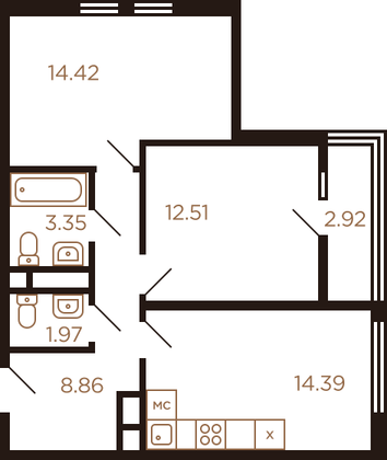 55,3 м², 2-комн. квартира, 8/8 этаж