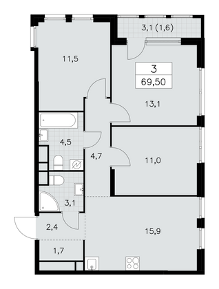 69,5 м², 3-комн. квартира, 21/30 этаж