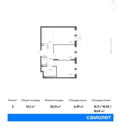 51,1 м², 2-комн. квартира, 17/17 этаж