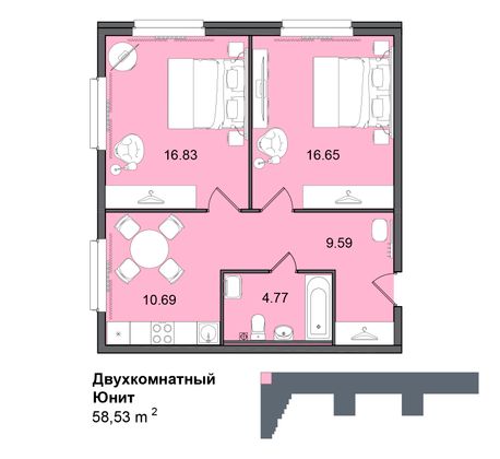 58,5 м², 2-комн. квартира, 3/29 этаж