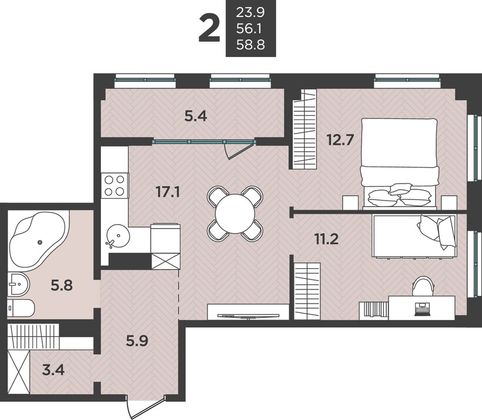 58,8 м², 3-комн. квартира, 6/12 этаж