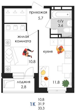 33,3 м², 1-комн. квартира, 8/9 этаж