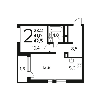 42,5 м², 2-комн. квартира, 8/14 этаж