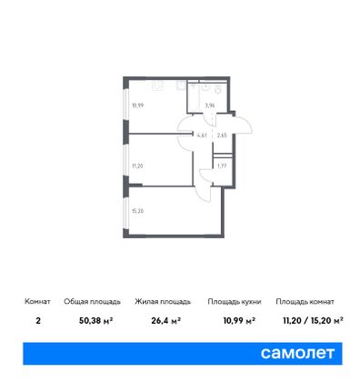 50,4 м², 2-комн. квартира, 16/17 этаж