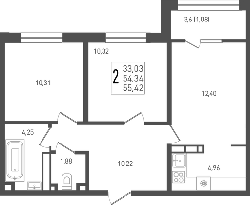 55,4 м², 2-комн. квартира, 3/9 этаж