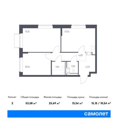 53,6 м², 2-комн. квартира, 11/17 этаж