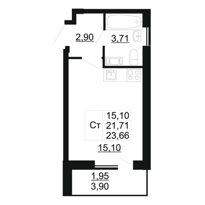 23,7 м², студия, 2/11 этаж