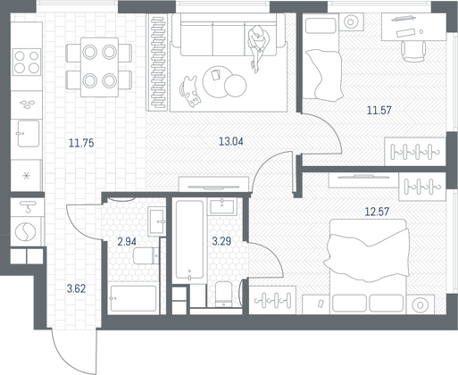 58,8 м², 2-комн. квартира, 3/49 этаж