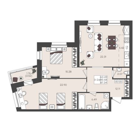 Продажа 3-комнатной квартиры 87,3 м², 10/22 этаж
