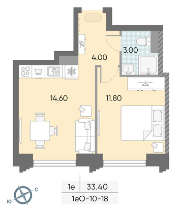 Продажа 1-комнатной квартиры 33,4 м², 18/58 этаж