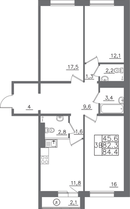 Продажа 3-комнатной квартиры 84,4 м², 8/14 этаж