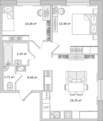 55,4 м², 2-комн. квартира, 2/15 этаж