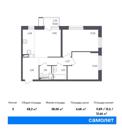 Продажа 3-комнатной квартиры 58,3 м², 6/17 этаж