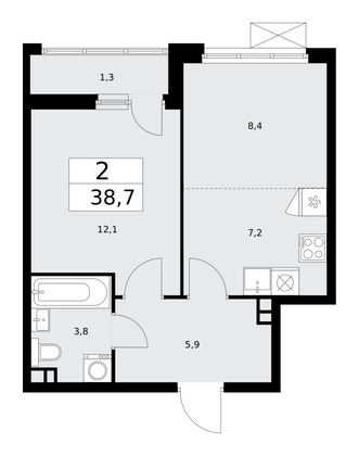 38,7 м², 2-комн. квартира, 3/18 этаж