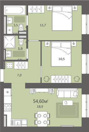 Продажа 2-комнатной квартиры 54,6 м², 2/9 этаж