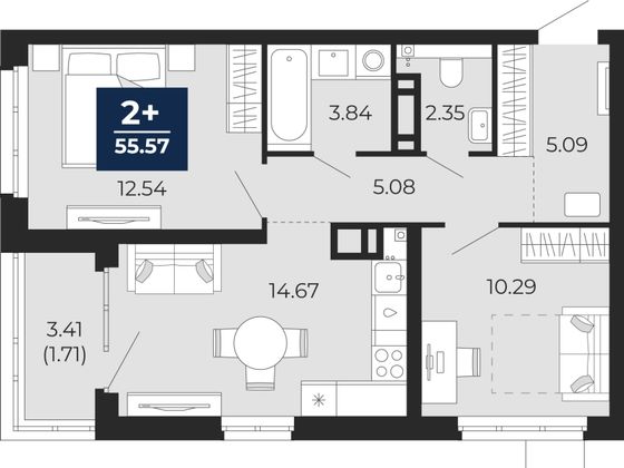 55,6 м², 2-комн. квартира, 13/15 этаж