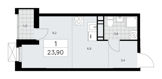 23,9 м², своб. планировка, 12/16 этаж