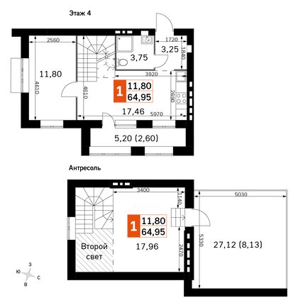 64,9 м², 1-комн. квартира, 4/4 этаж