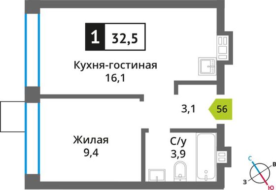 Продажа 1-комнатной квартиры 32,5 м², 9/9 этаж