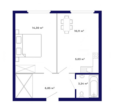 39,5 м², 2-комн. квартира, 1/9 этаж