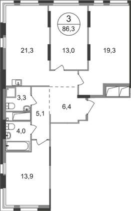 86,3 м², 3-комн. квартира, 17/19 этаж