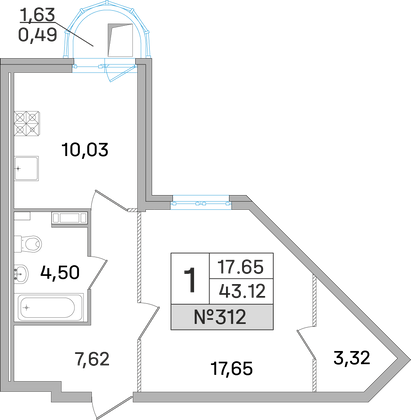 43,1 м², 1-комн. квартира, 9 этаж