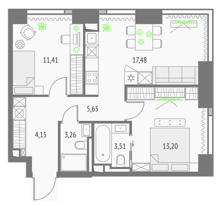 58,7 м², 2-комн. квартира, 13/57 этаж