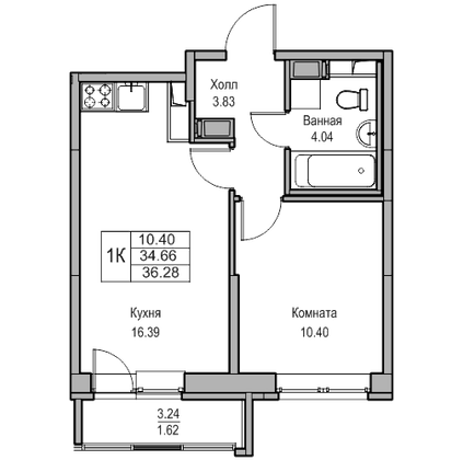 Продажа 1-комнатной квартиры 34,7 м², 13/23 этаж