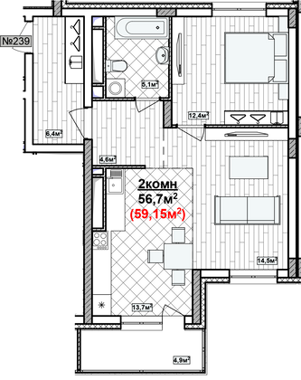 Продажа 2-комнатной квартиры 59,2 м², 13/19 этаж