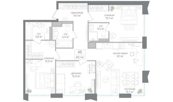 Продажа 3-комнатной квартиры 95,1 м², 13/24 этаж