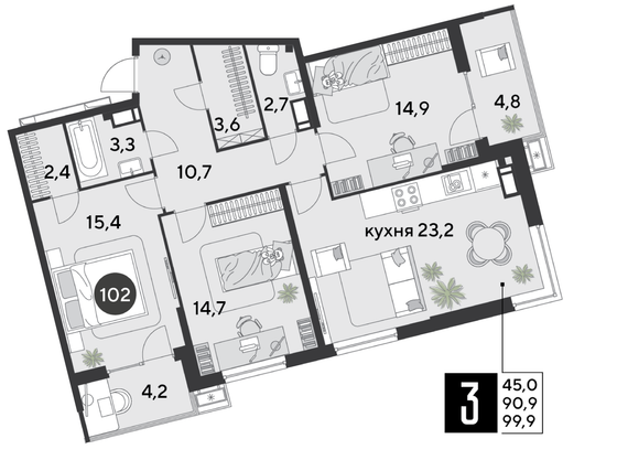Продажа 3-комнатной квартиры 99,9 м², 12/18 этаж