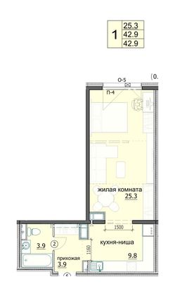 42,9 м², 1-комн. квартира, 6/18 этаж