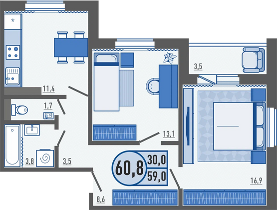 60,8 м², 2-комн. квартира, 14/16 этаж