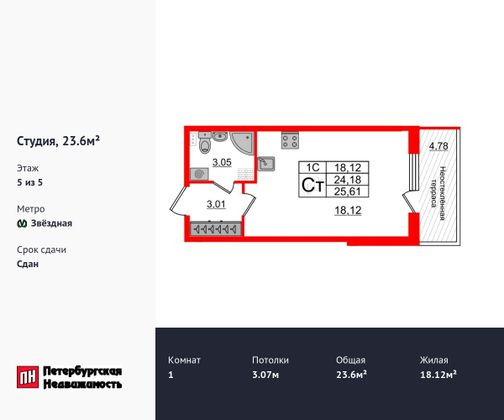 Продажа квартиры-студии 23,6 м², 5/5 этаж