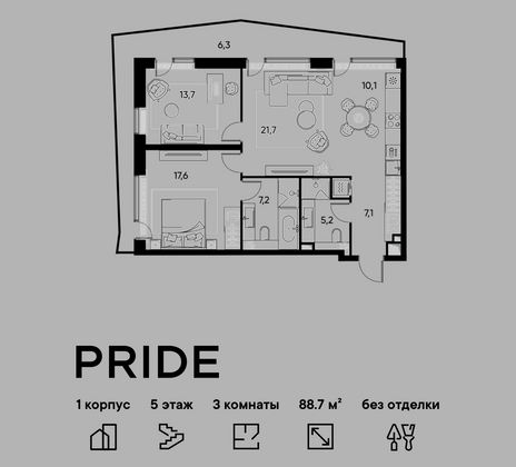 88,7 м², 3-комн. квартира, 5/22 этаж