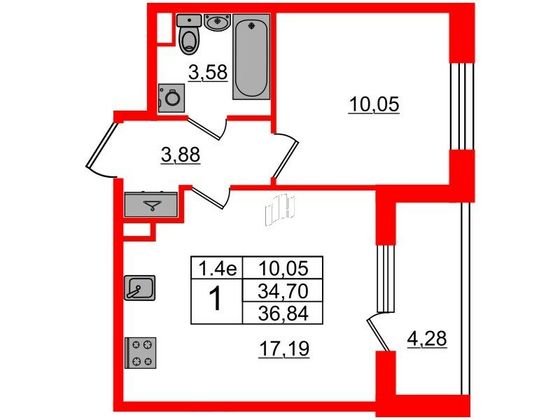 Продажа 1-комнатной квартиры 34,7 м², 1/5 этаж