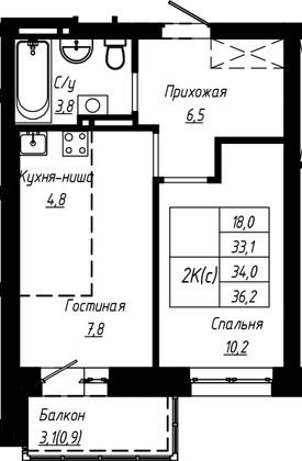 34 м², 2-комн. квартира, 4/16 этаж