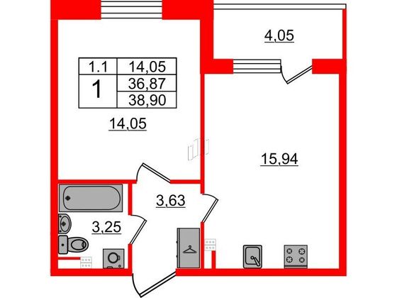 Продажа 1-комнатной квартиры 36,9 м², 3/5 этаж