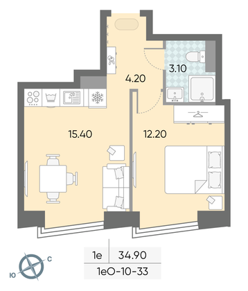 Продажа 1-комнатной квартиры 34,9 м², 33/58 этаж