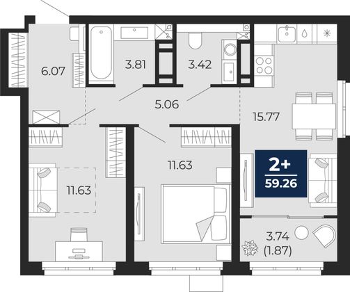 59,3 м², 2-комн. квартира, 13/22 этаж