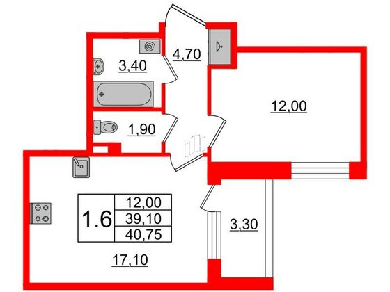 Продажа 1-комнатной квартиры 39,1 м², 3/4 этаж