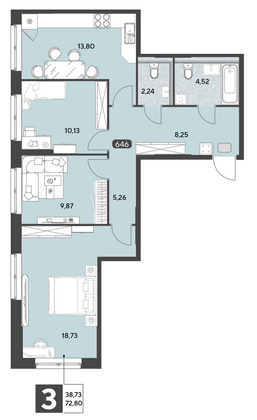 Продажа 3-комнатной квартиры 72,8 м², 7/25 этаж