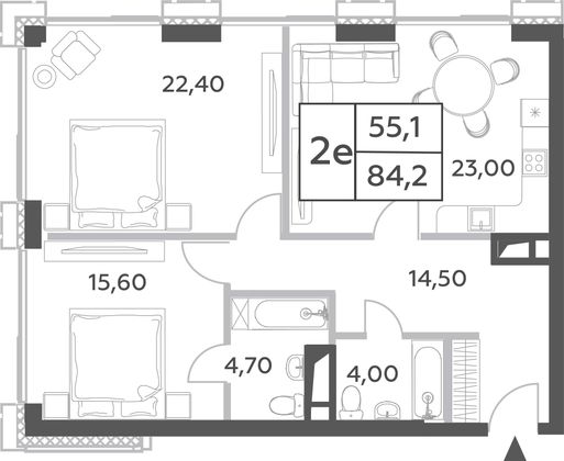 Продажа 2-комнатной квартиры 84,2 м², 30/52 этаж