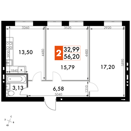 56,2 м², 2-комн. квартира, 4/4 этаж