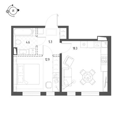 41,1 м², 1-комн. квартира, 3/10 этаж