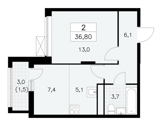 36,8 м², своб. планировка, 13/16 этаж