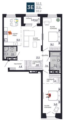 93,2 м², 3-комн. квартира, 5/9 этаж