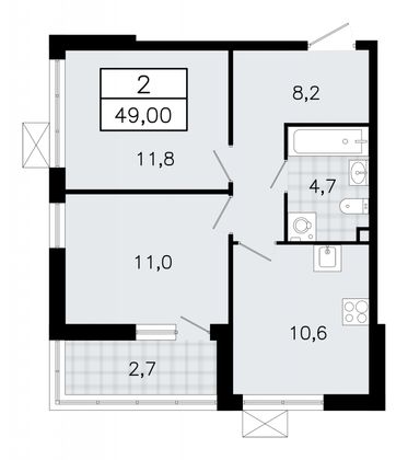 49 м², 2-комн. квартира, 2/12 этаж